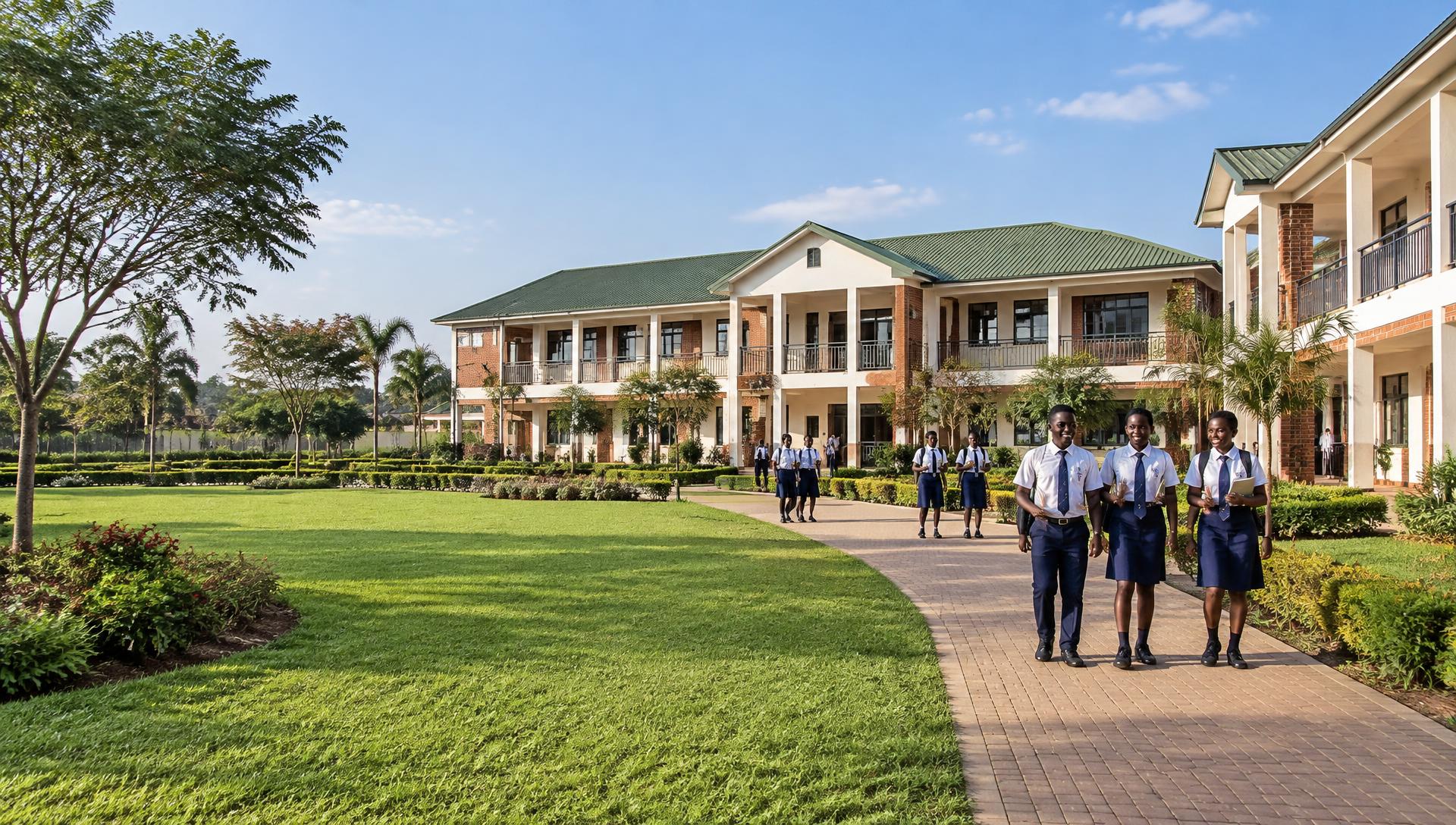 Illustrative school buildings and students on a green campus