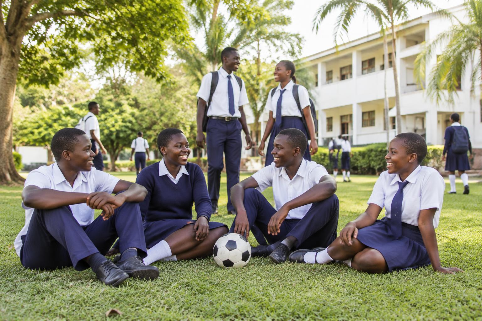 Illustrative students relaxing together with a football